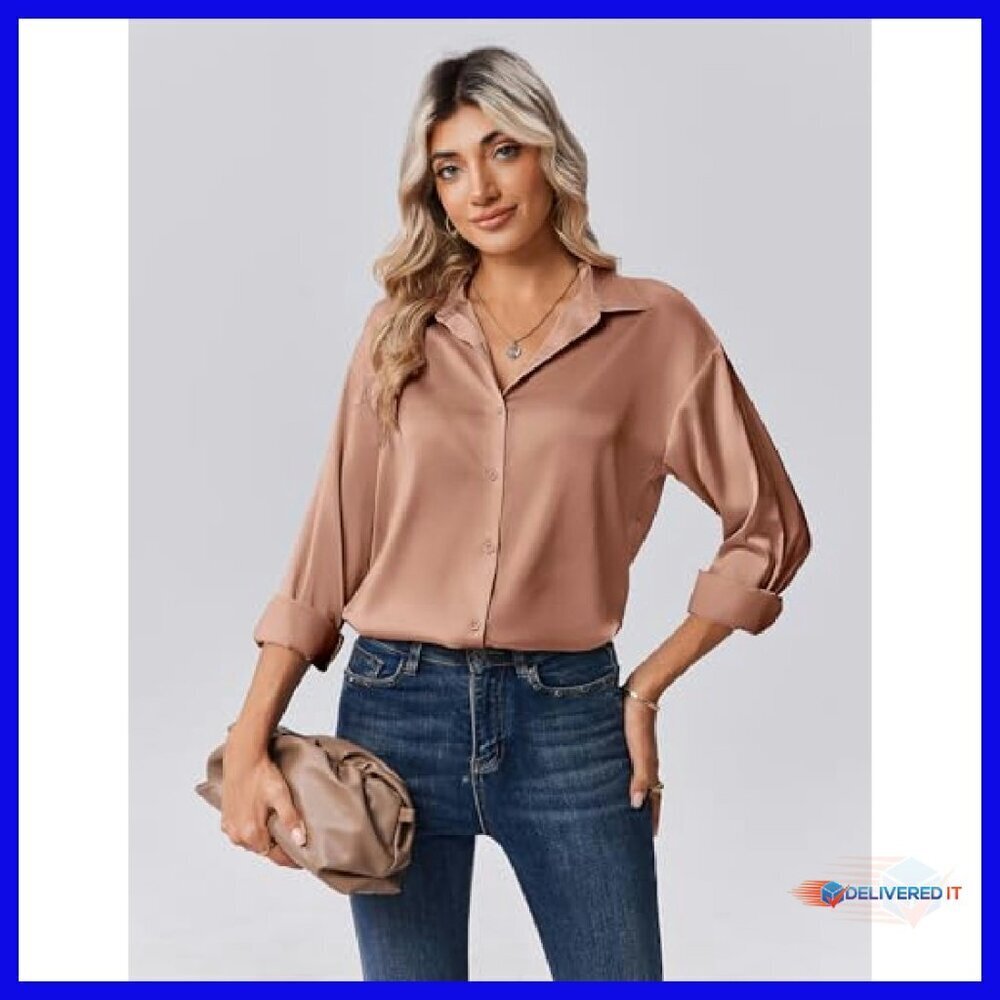 Long Sleeve Satin Button Down Blouse - Business Casual Fall Top - Picture 4 of 8